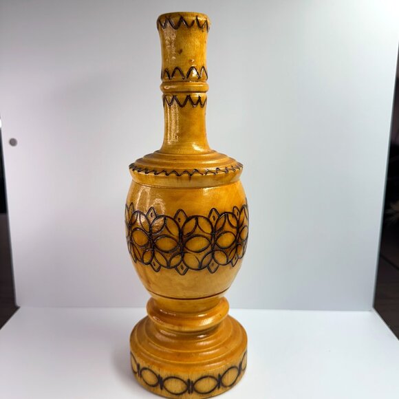 Vintage Handmade Carved and Burnt Wood Flower Vase - Picture 1 of 7